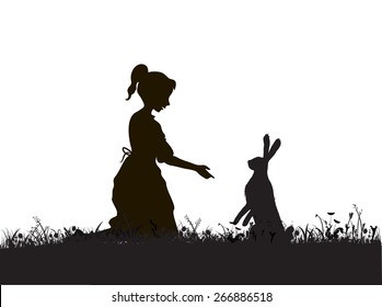 Alice, girl and hare on the field, black and white, silhouette, shadows, touching