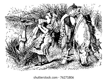 Alice Helps the White Knight - Original book engraving.  "How can you go on talking so quietly, head downwards?" Alice asked, as she dragged him out by the feet, and laid him in a heap on the bank.