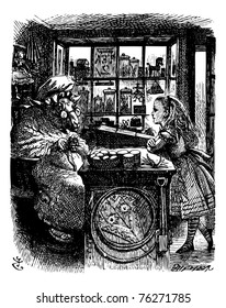 Alice and the Knitting Sheep - Through the Looking Glass and what Alice Found There original book engraving. Alice talking to a sheep on the other side of the counter.