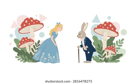 Alice meets the white rabbit in a lush garden filled with large red toadstools and delicate flowers.