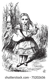 Alice and the pig baby - Alice's Adventures in Wonderland original vintage engraving.This time there could be no mistake about it: it was neither more nor less than a pig...