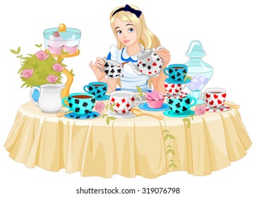 Alice pours a cup of tea from the kettle