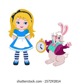  Alice and Rabbit .Alice in Wonderland.Vector illustration.