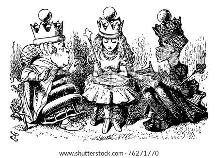 Alice with the Red and White Queens - Original book engraving.   "I didn't know I was to have a party at all," said Alice; "but if there is to be one, I think I ought to invite the guests."