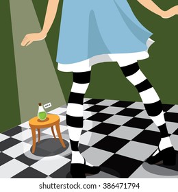 Alice sees the drink me potion in Wonderland. EPS 10 vector.