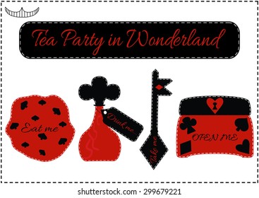 Alice Set of Printable objects from Wonderland World- Tea Party, Birthday, Children Party. Vector Illustration for Graphic Projects, Print and Internet. 