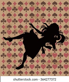 Alice silhouette on wonderland play card background