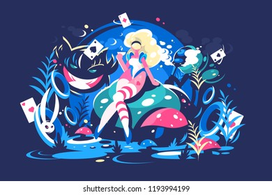 Alice sitting in Wonderland. Girl in fairy forest. Playing cards, fantastic cat and mushrooms background. Flat. Vector illustration.