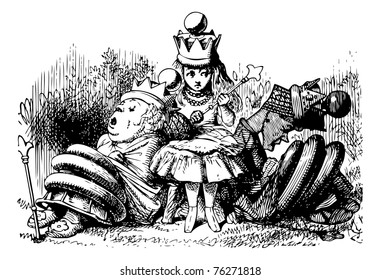 Alice with the Sleeping Queens - Through the Looking Glass and what Alice Found There original book engraving.