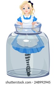 Alice stands in a transparent jar