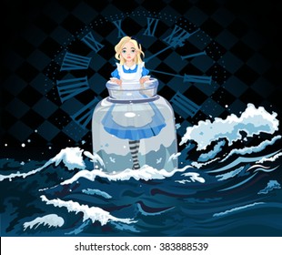 Alice stands in a transparent jar on watch background 