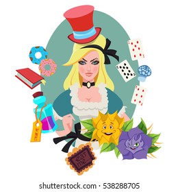 Alice surrounded by fabulous items. Illustration to the fairy tale Alice's Adventures in Wonderland.