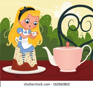 Alice in tea party  Vector illustration 