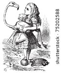 Alice trying to play croquet with flamingo and hedgehog - Alice's Adventures in Wonderland original vintage engraving. The chief difficulty Alice found at first was in managing her flamingo...