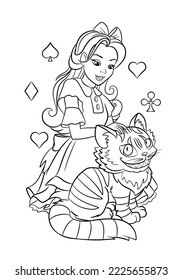 Alice vector. Alice and the cat coloring page. Children's outline illustration