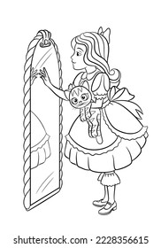 Alice vector. Alice coloring page. Children's outline illustration. Through the Looking-Glass coloring book