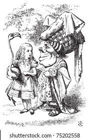 Alice (with flamingo) chat with the Duchess - Alice in Wonderland vintage engraving. Alice is holding a flamingo under her arm as she speaks with the Duchess, who wears a large hat and a flowery dress