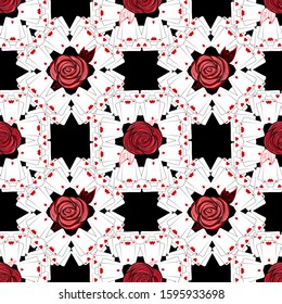 Alice in wonderland abstract seamless pattern with playing cards and roses. 