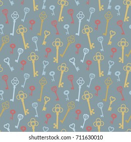 Alice in wonderland background. Vintage keys on gray background.  Seamless pattern. Vector illustration.