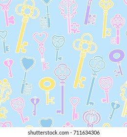 Alice in wonderland background. Vintage keys on blue background.  Seamless pattern. Vector illustration.