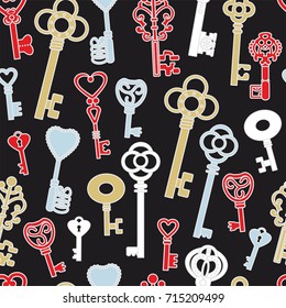 Alice in wonderland background. Vintage keys on black background.  Seamless pattern. Vector illustration.