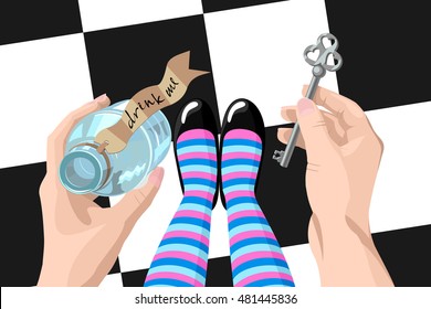 Alice in wonderland. Background.Alice looks at key and potion in the hands. Alice makes the choice. Stock vector, wonderland illustration