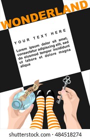 Alice in wonderland. Background.Alice looks at key and potion in the hands. Alice makes the choice. Stock vector, place for  text,  template for design.