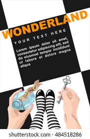 Alice in wonderland. Background.Alice looks at key and potion in the hands. Alice makes the choice. Stock vector, place for  text,  template for design.