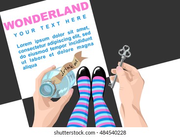 Alice in wonderland. Background.Alice looks at key and potion in the hands. Alice makes the choice. Stock vector, place for  text,  template for design. 