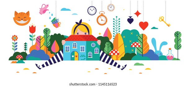 Alice in Wonderland banner, poster and card. We are mad here. Colorful vector background