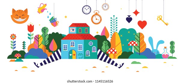 Alice in Wonderland banner, poster and card. We are mad here. Colorful vector background