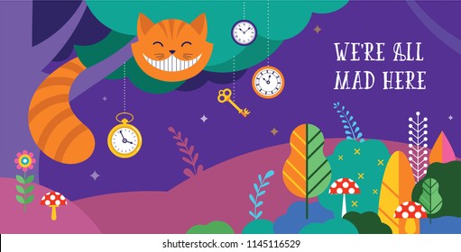 Alice in Wonderland banner, poster and card. We are mad here. Colorful vector background