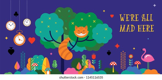 Alice in Wonderland banner, poster and card. We are mad here. Colorful vector background