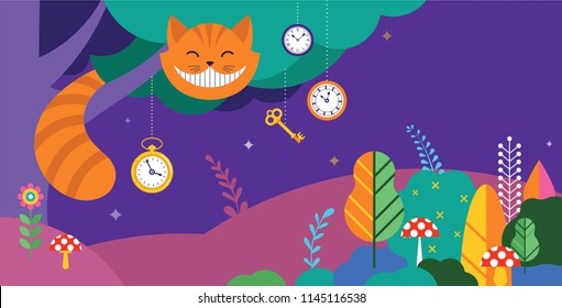 Alice in Wonderland banner, poster and card. We are mad here. Colorful vector background