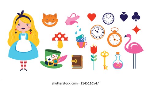 Alice in Wonderland banner, poster and card. We are mad here. Colorful vector background