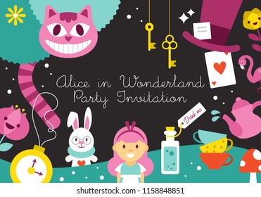 Alice in Wonderland birthday party invitation design. Vector illustration