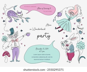 Alice in Wonderland birthday party invitation card. Horizontal template with characters and symbols of famous fairy tale. Line art style design. Hand drawn vector illustration. 
