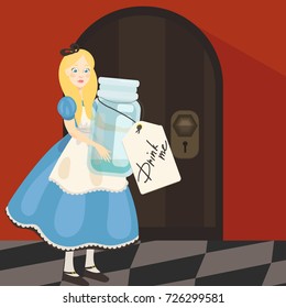 Alice In Wonderland With Bottle And Door. Vector Illustration.