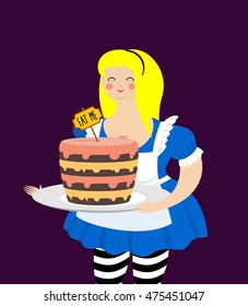 Alice in Wonderland. Cake with the text: eat me. Fat and cheerful woman
