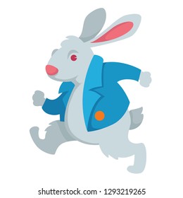 Alice In Wonderland Character White Rabbit In Jacket Vector Isolated Animal Bunny In Clothes From Childish Book Fantastic Creature Fairy Animalistic Personage Running Or Hurring Literary Work.