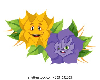 Alice in wonderland characters collection. A bouquet of two flowers of yellow and purple color on a white background.