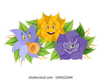 Alice in wonderland characters collection. A bouquet of three flowers of yellow and purple color on a white background.