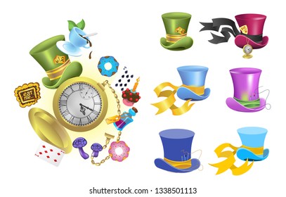 Alice in wonderland characters collection. Hats of different colors with magic items on a white background.