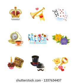 Alice in wonderland characters collection. Icons and the inscription "Alice in Wonderland" on a white background.