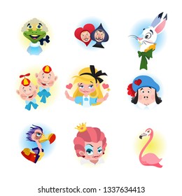 Alice in wonderland characters collection. Icons with characters on a white-blue background.