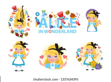 Alice in wonderland characters collection. The inscription "Alice in Wonderland", Alice's characters surrounded by fabulous objects on a white background.