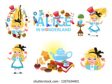 Alice in wonderland characters collection. The inscription "Alice in Wonderland", Alice's characters surrounded by fabulous objects on a white background.