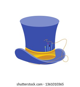 Alice in wonderland characters collection. Mad Hatter blue hat with yellow ribbon and needles on a white background.