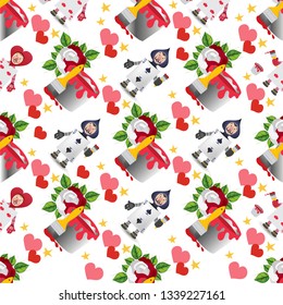 Alice in wonderland characters collection. Pattern with magic items on a white background.