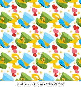 Alice in wonderland characters collection. Pattern with magic items on a white background.
